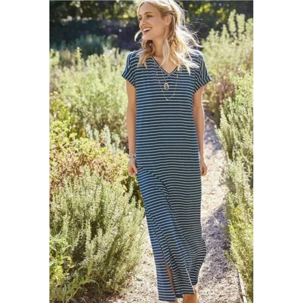 MATILDA JANE Set Sail Maxi Dress Teal Blue White Stripe Pockets Sz L P‎ 27641D